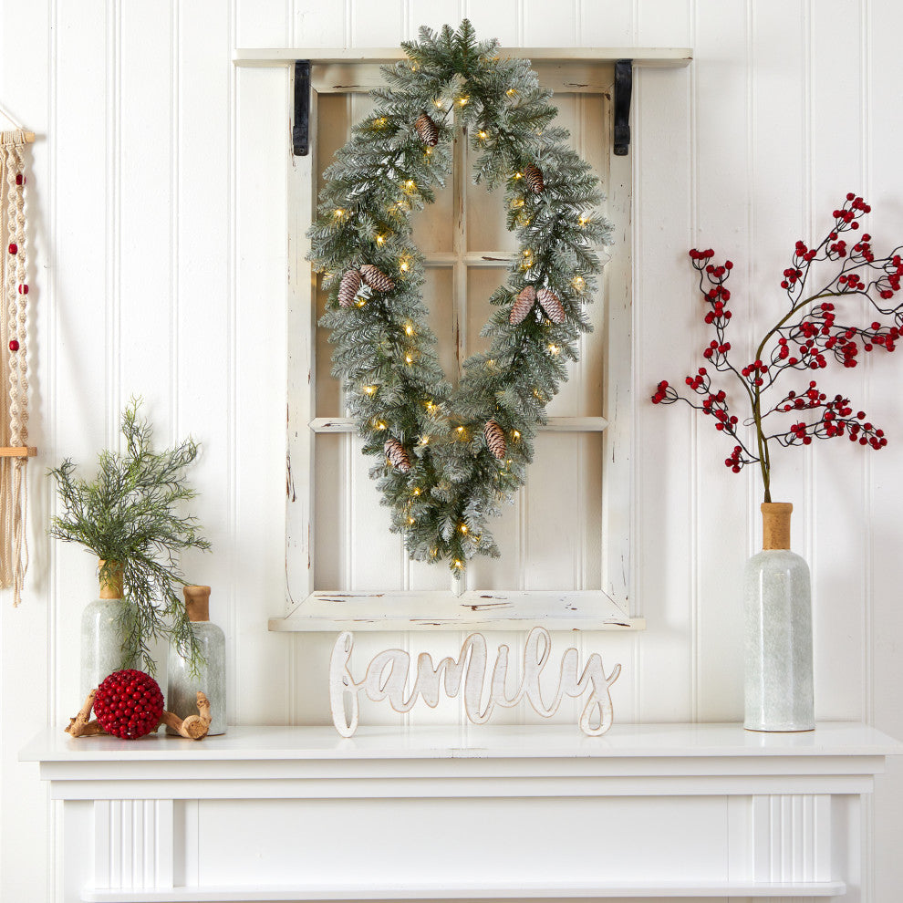 3' Holiday Xmas Geometric Diamond Frosted Wreath W/Pinecones & White LED Lights