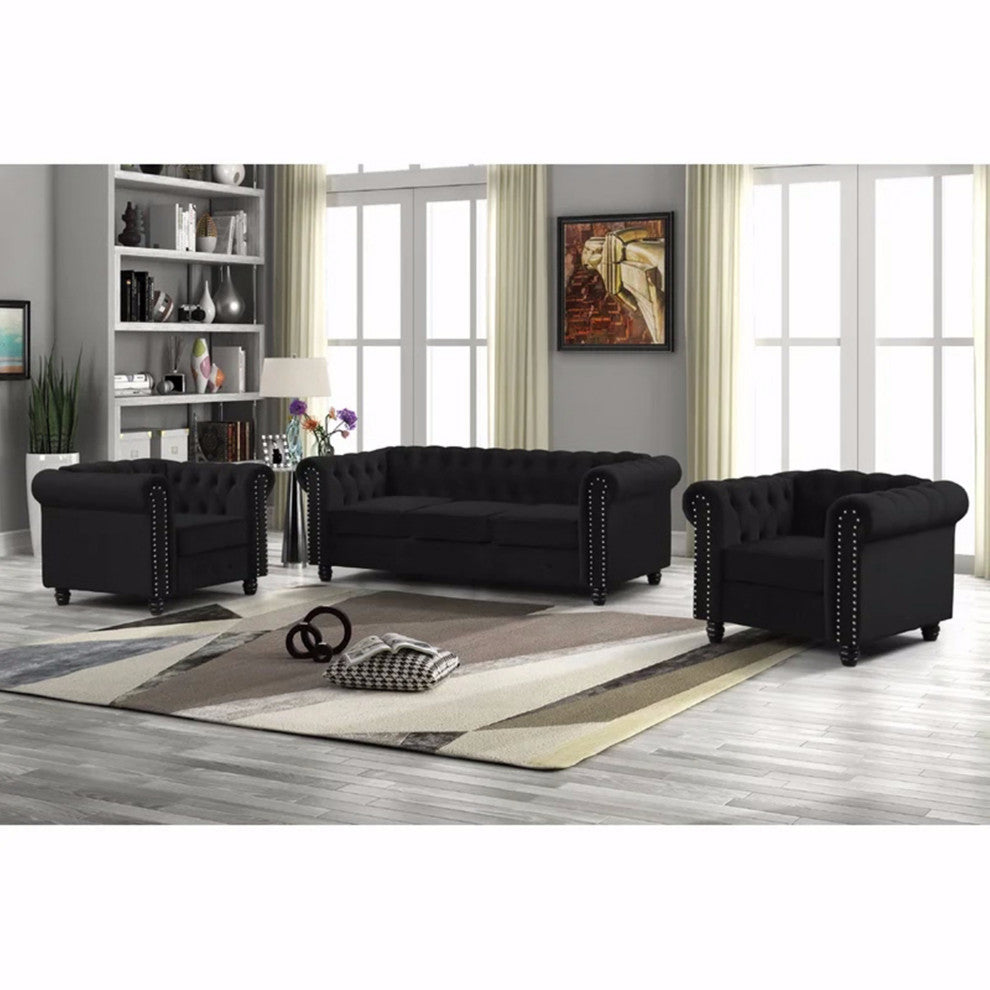UFE Velvet Living Room 3 Set Sofa Loveseat Chair Black, Sofa, Loveseat, Chair