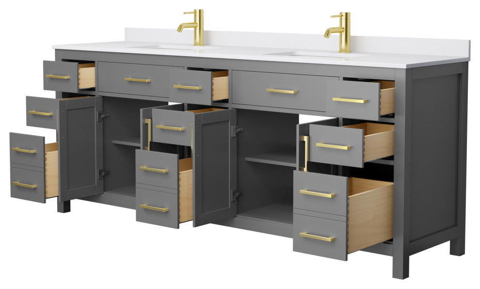 84"DBL Bathroom Vanity Dark Gray, White Cult.Marble Countertop, Sinks, Gold Trim