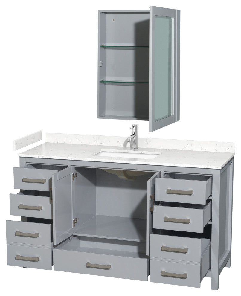 60"SGL Bathroom Vanity Gray, Carrara Cult. Marble Countertop, Sink, Med. Cabinet