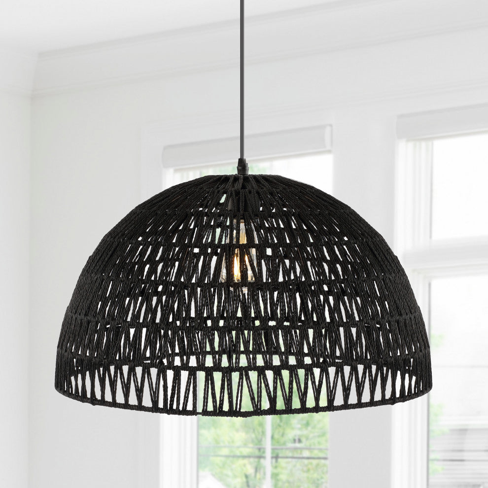 Campana 1-Light Bohemian Modern Woven Rattan/Iron LED Pendant, Black