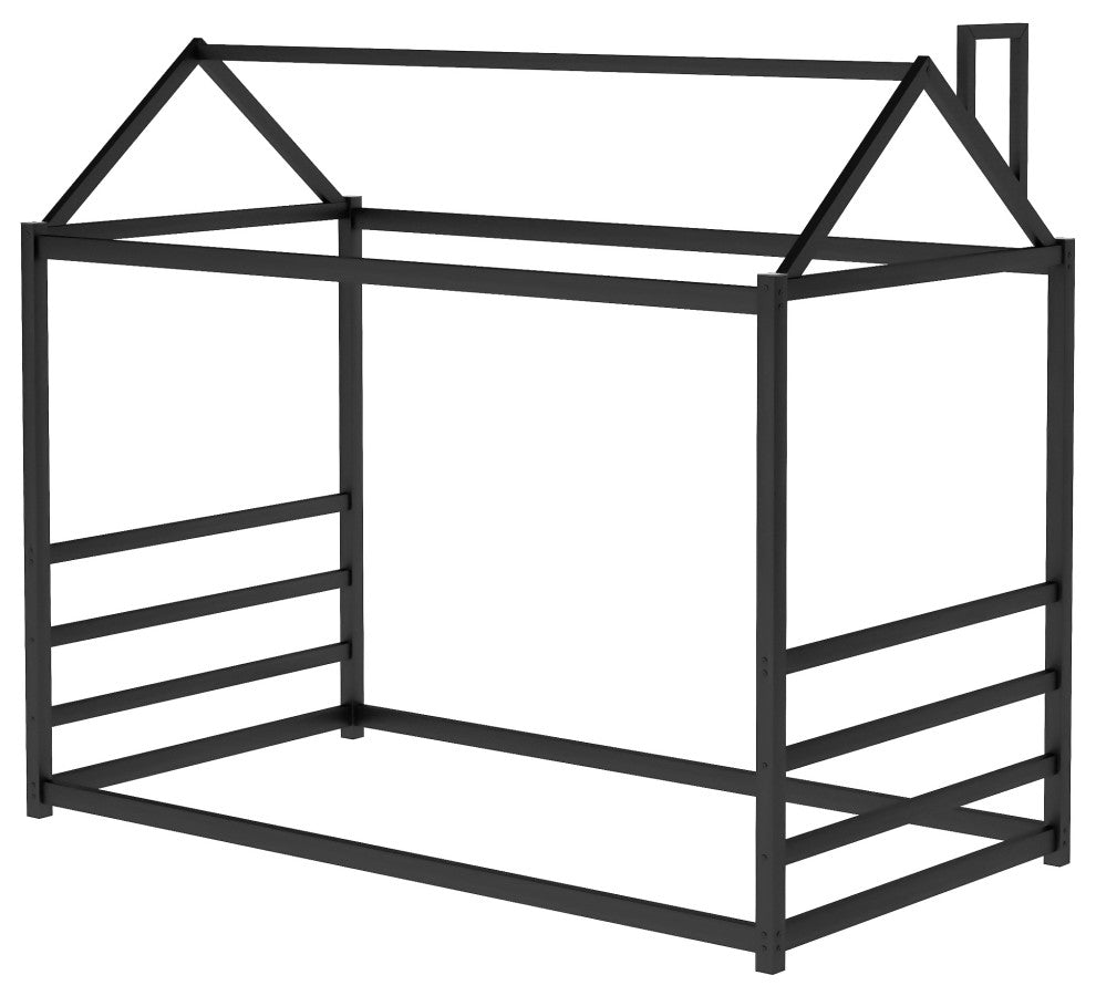 Gewnee House Platform Bed with Roof and Chimney Design,Black