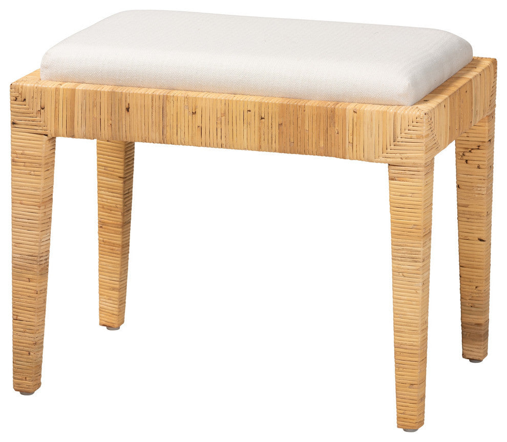 Sofia Modern Bohemian Natural Brown Rattan and Mahogany Wood Ottoman