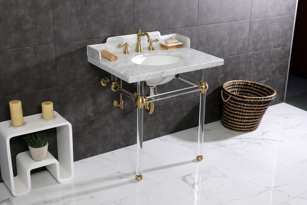 Kingston Brass LMS3030MA7 30" Carrara Marble Console Sink, Acrylic Legs