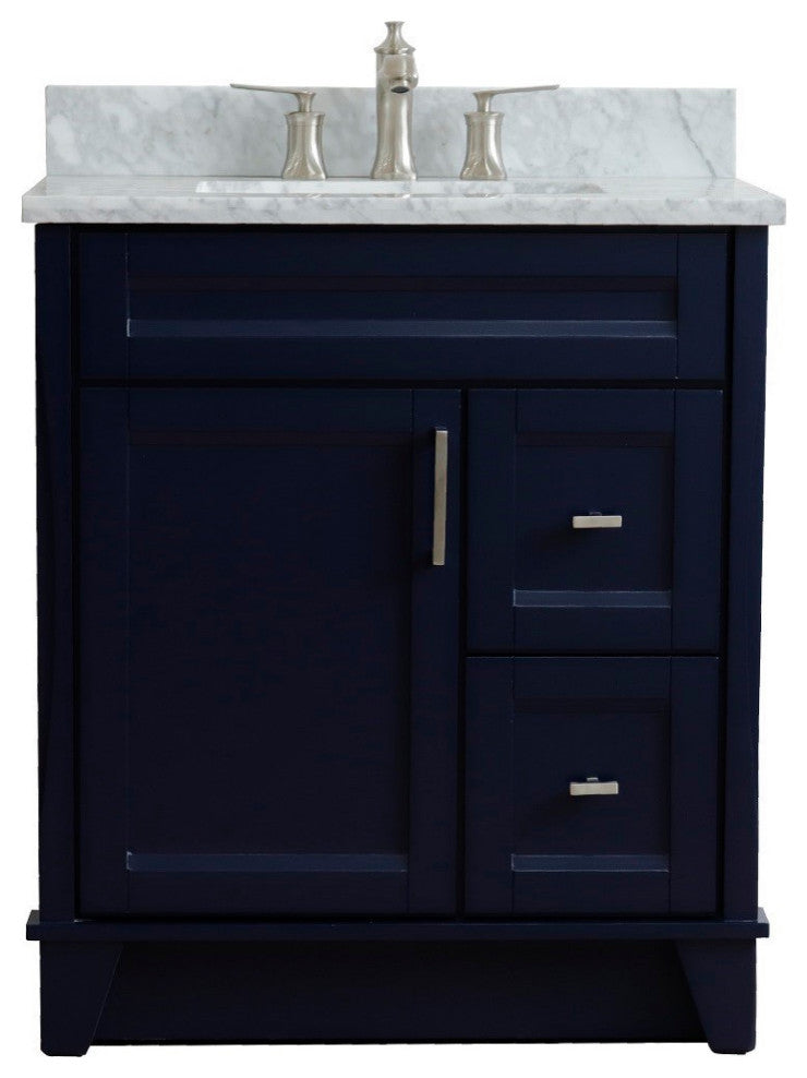 31" Single Sink Vanity, Blue Finish With White Carrara Marble