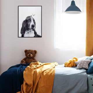 "BasSet Hound" Black & White Pet Paintings on Printed Glass With Anodized Frame