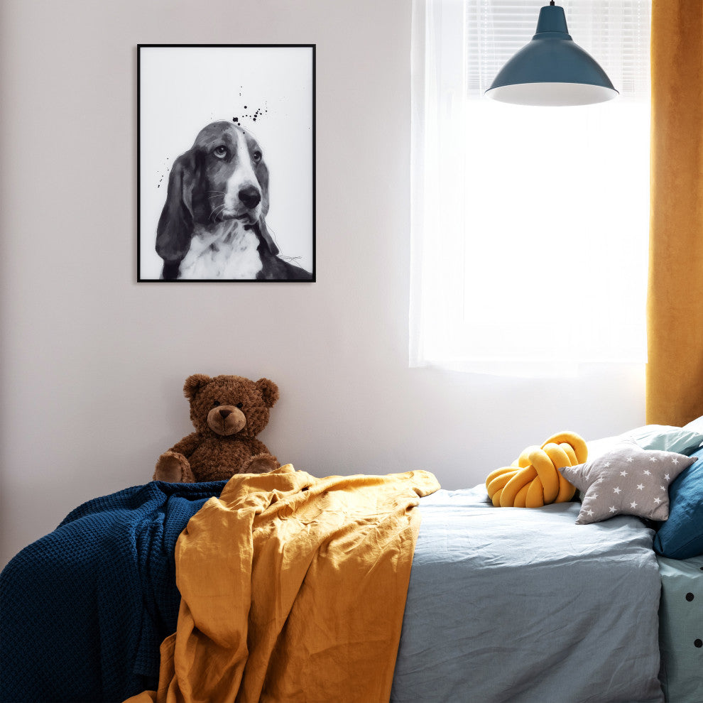 "BasSet Hound" Black & White Pet Paintings on Printed Glass With Anodized Frame