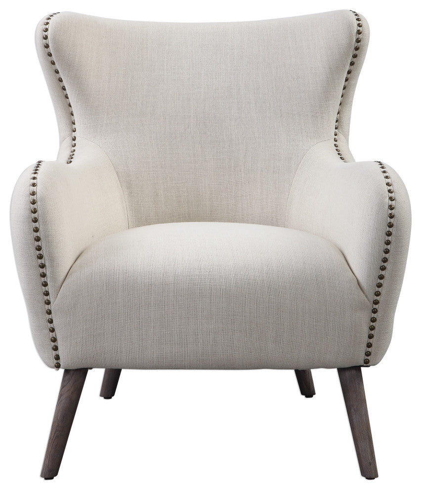 Sculpted Wide Cream Wing Back Lounge Chair Arm Button Tufted Contemporary Modern