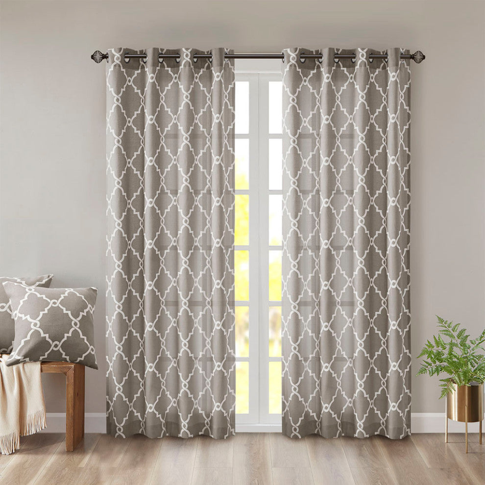 Madison Park Saratoga Fretwork Print Grommet Top Window Curtain Panel, Grey