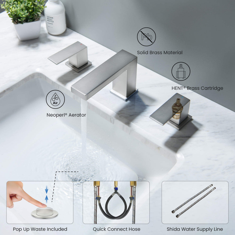 Cube 8" Widespread Bathroom Sink Faucet With Drain Assembly, Brushed Nickel