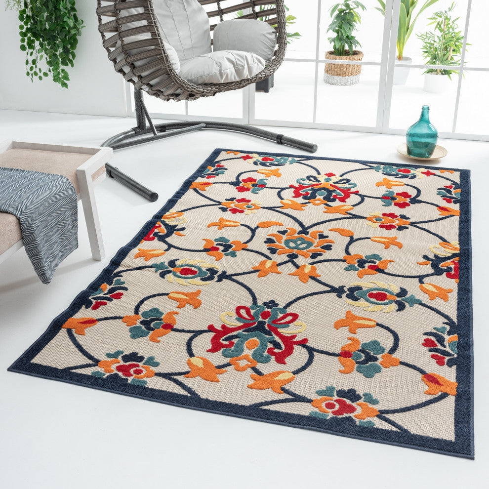 Floral Damask High-Low Indoor Outdoor Area Rug - 5' x 8'
