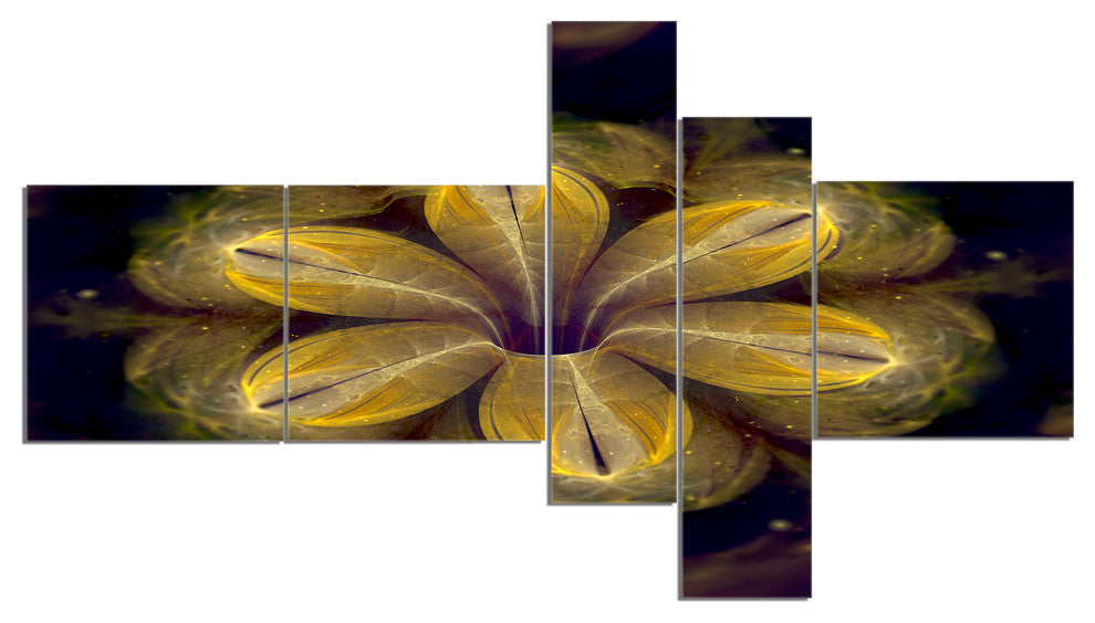 Black Yellow Fractal Flower Pattern, Contemporary Canvas Art, 60"x32", 5 panels