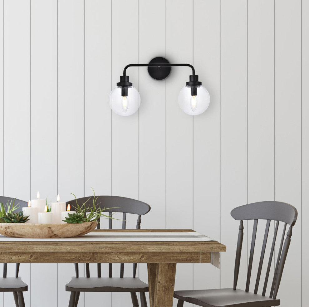 Helen 2-Light Bath Sconce, Black With Clear Shade