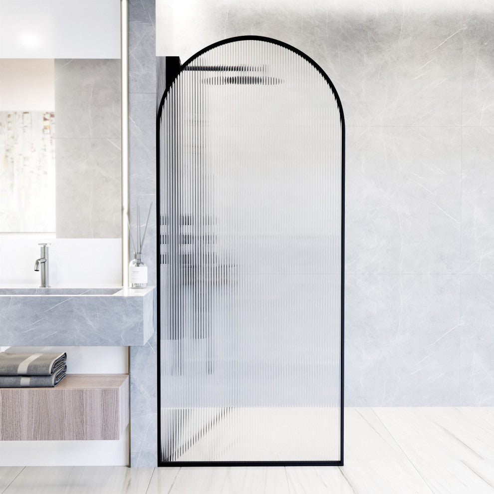VIGO Arden 34" W x 78" H Framed Fixed Shower Screen, Matte Black, Fluted Glass