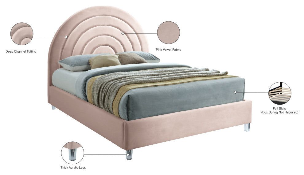 Rainbow Velvet Upholstered Bed, Pink, Queen