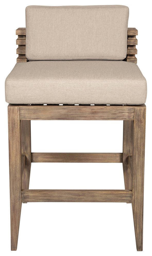 Vivid Outdoor Patio Counter Stool, Light Eucalyptus Wood Taupe Olefin Cushions