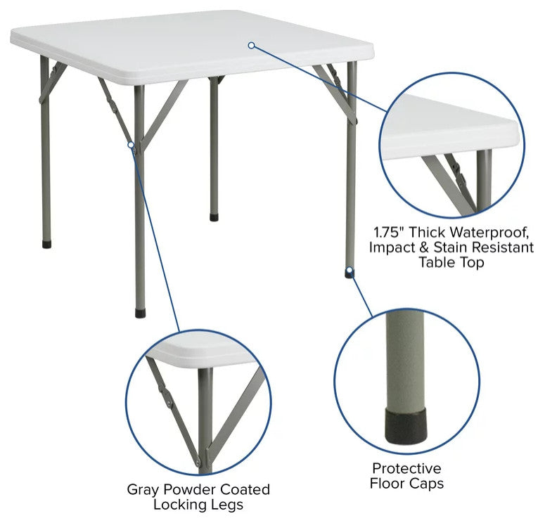 Set of 5 Folding Table, Gray Metal Legs With Square Granite White Finished Top