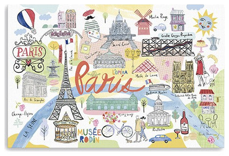 48" Fun Illustrated Paris Map Canvas Wall Art