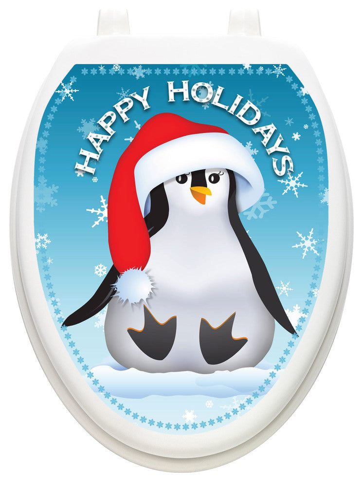 Happy Penguin Toilet Tattoos Seat Cover, Vinyl Lid Decal, Christmas Bathroom, Elongated