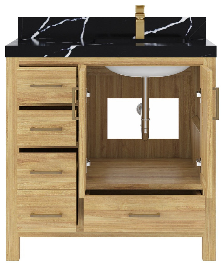 Malibu Teak 36" Right Offset Bath Vanity in Light Natural  2" Calacatta Black