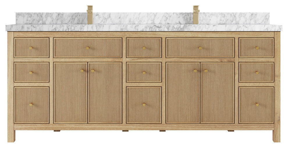 Sonoma 84 Double Sink Bath Vanity in Light Natural Teak with 2" Carrara Marble