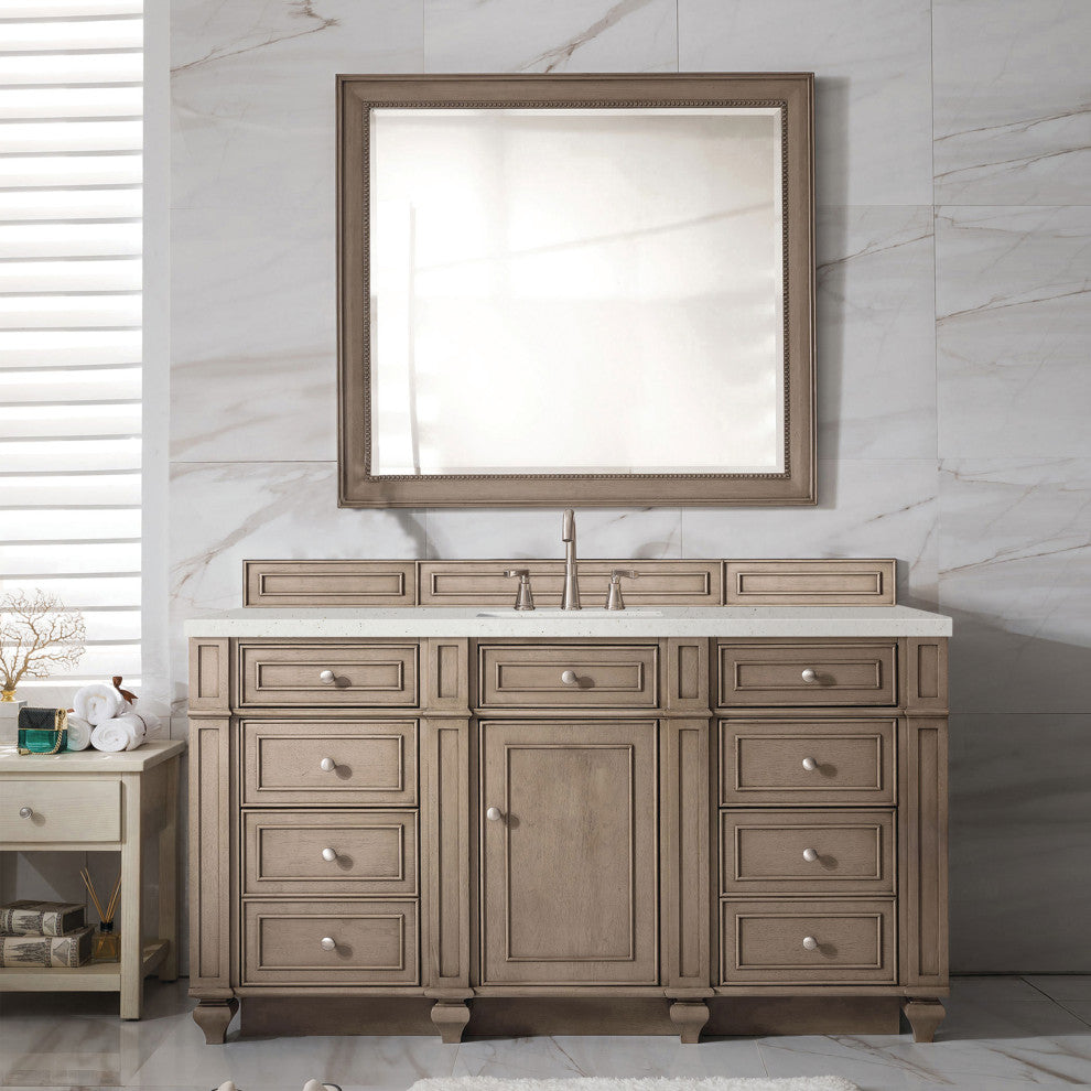 Bristol 60" Single Vanity, Whitewashed Walnut, Lime Delight Quartz