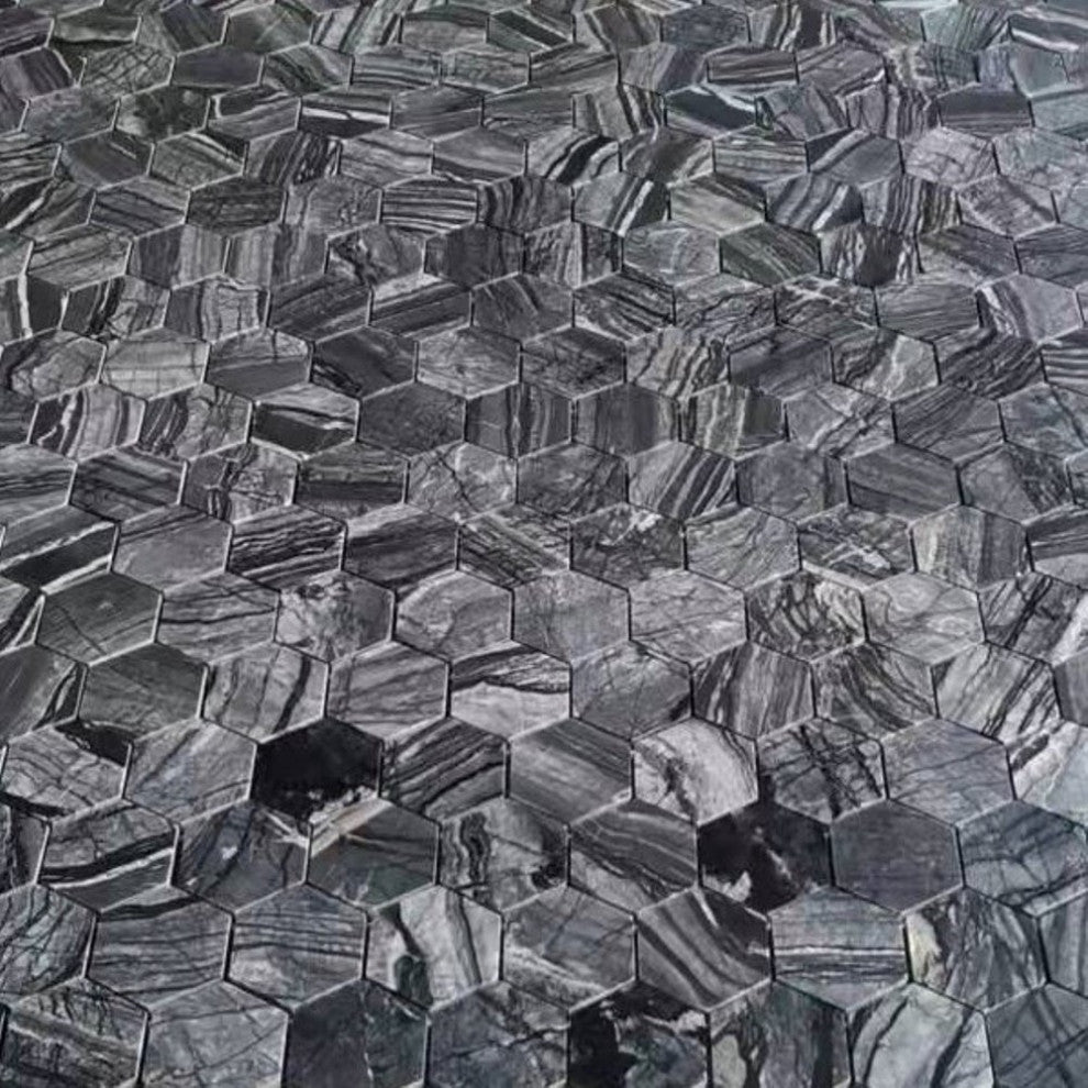 Silver Wave Black Forest Marble 2 Hexagon Mosaic Wall Floor Tile Honed, 1 sheet