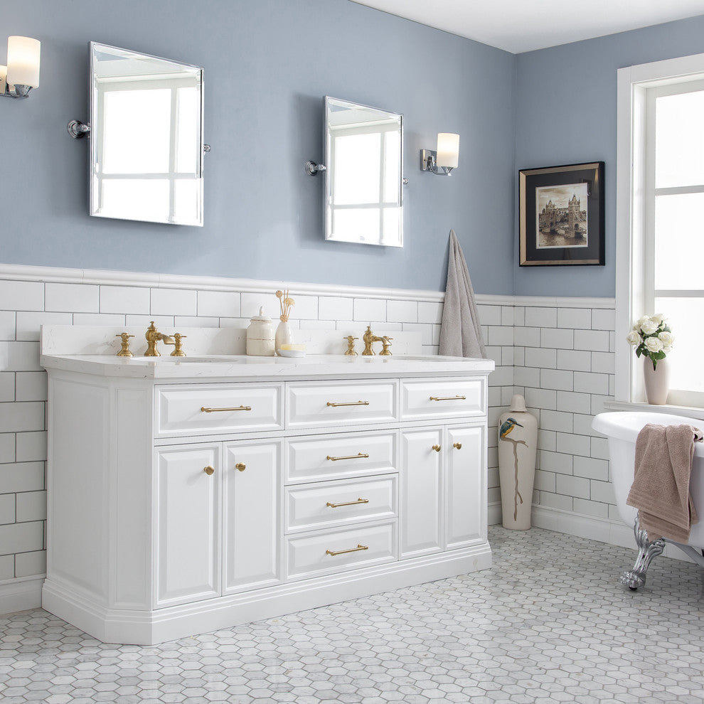 72" Palace Quartz White Vanity With Brass Hardware, Faucets and Chrome Mirrors