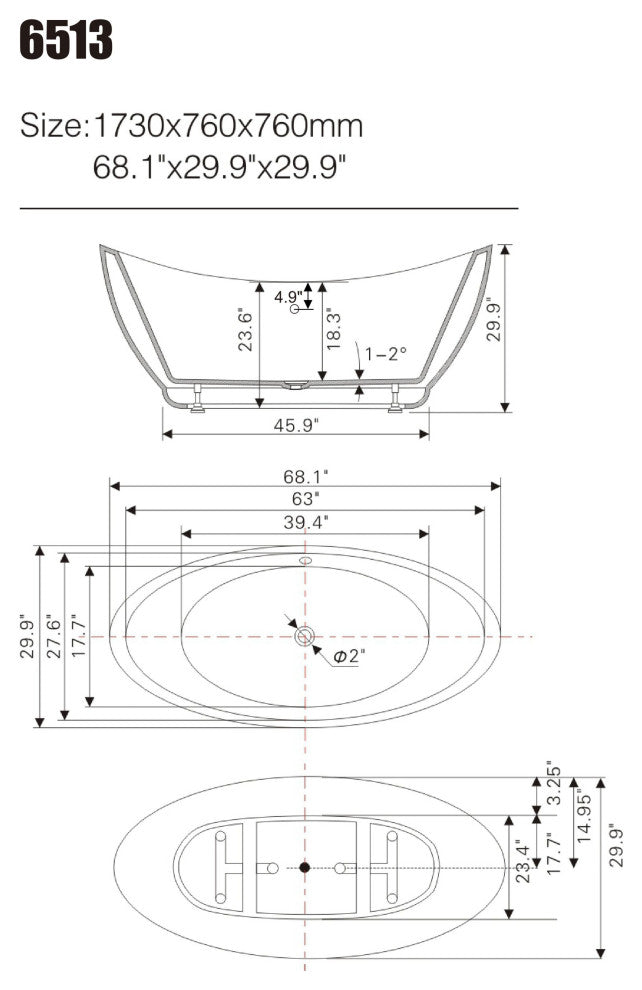 Vanity Art 68" Freestanding Acrylic Bathtub