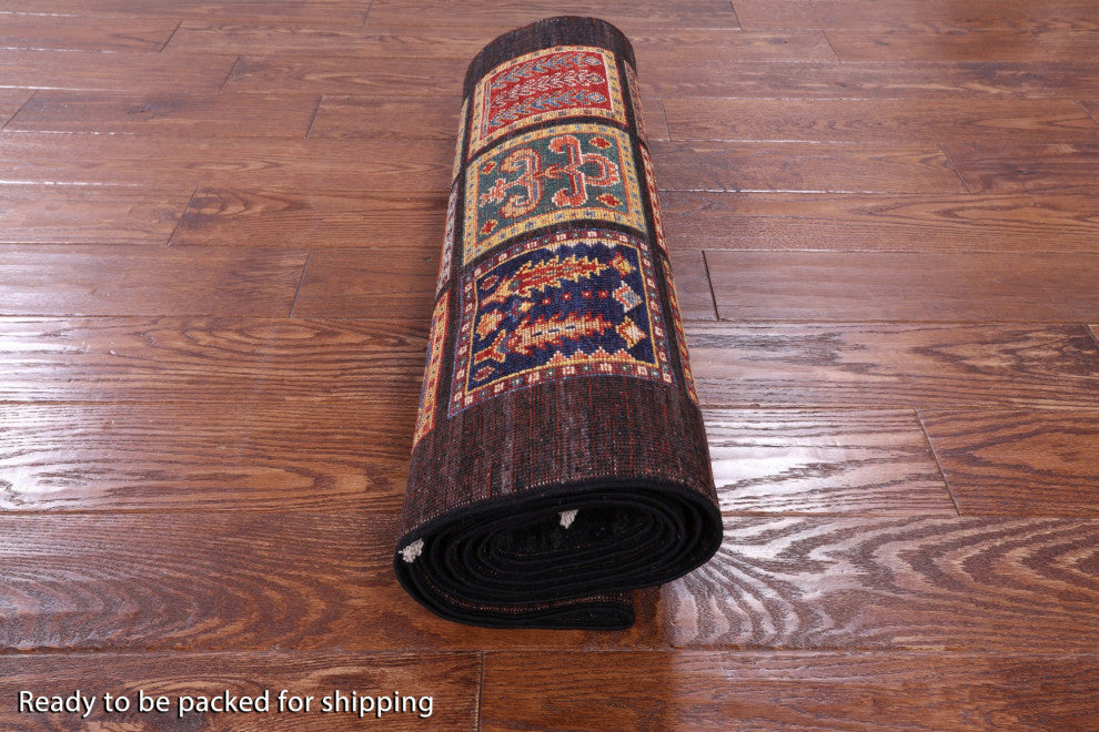 2' 6" X 9' 8" Persian Garden Design Black Hand Knotted Runner Rug Q10694