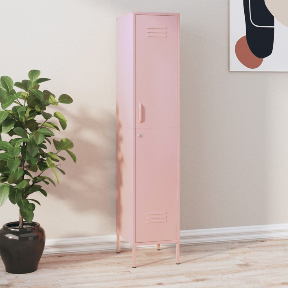 Lifestyle image showing the pink cabinet in a real-room setting.