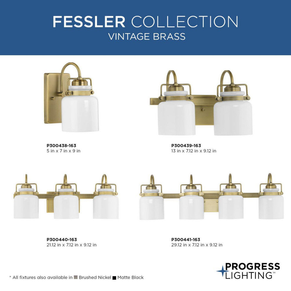 Fessler Collection Three-Light Vintage Brass Opal Glass Farmhouse Bath Light