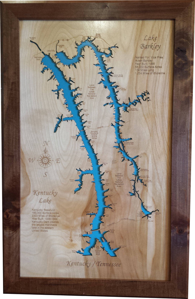 Lake Barkley, Kentucky, Kentucky Lake, Tennessee-Wood Lake Map, Large Framed