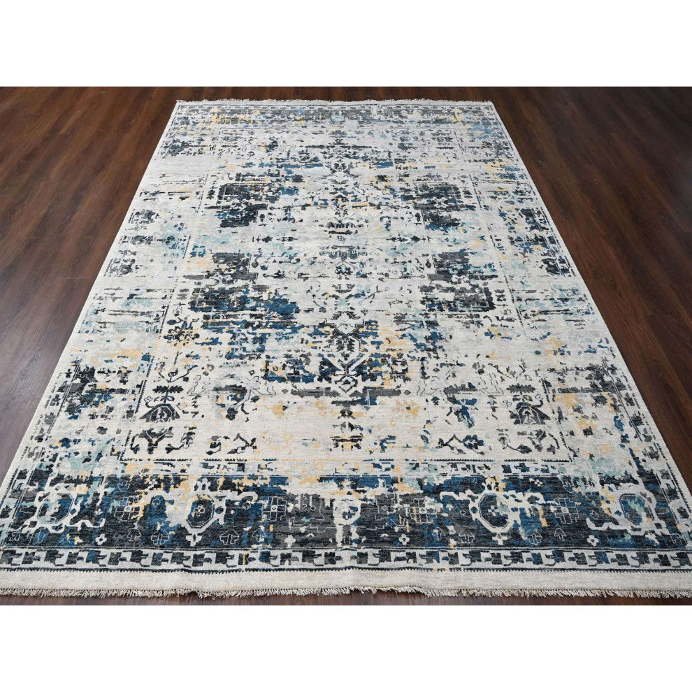 Ivory and Blue Hand Knotted Soft Wool Persian Design Oriental Rug  8'10"x12'