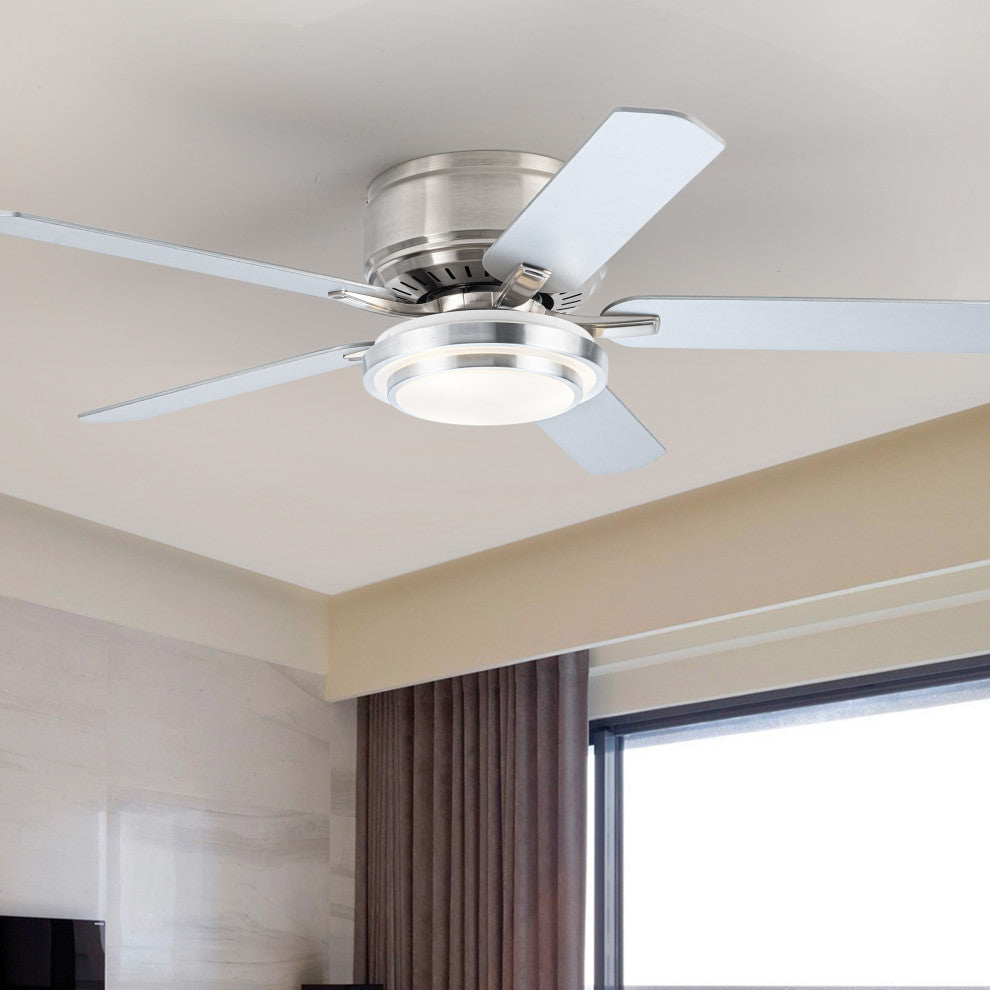 52-inch Modern Satin Nikel Flush Mount Ceiling Fan with Light