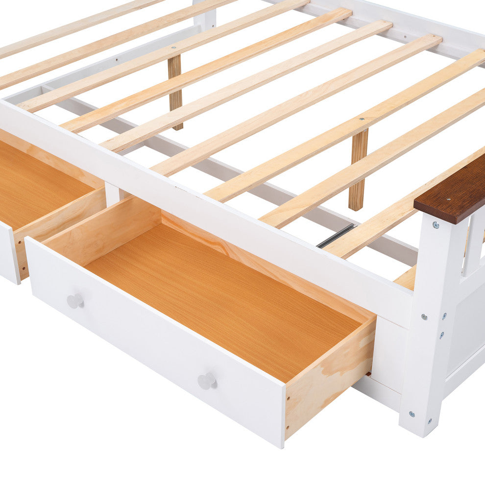 Full Size Wooden Slat Support Wood Platform Bed With Two Drawers