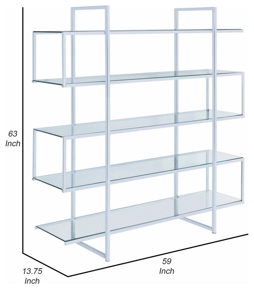 Benzara BM242029 Bookcase, 5 Tempered Glass Shelves/Electroplated Frame Chrome