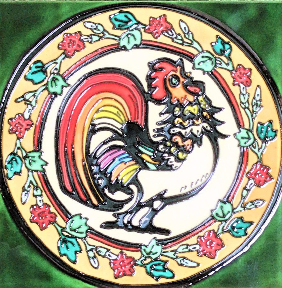 8x8" Rooster Ceramic Art Tile Hot Plate Trivet Wall Decor With Green Background