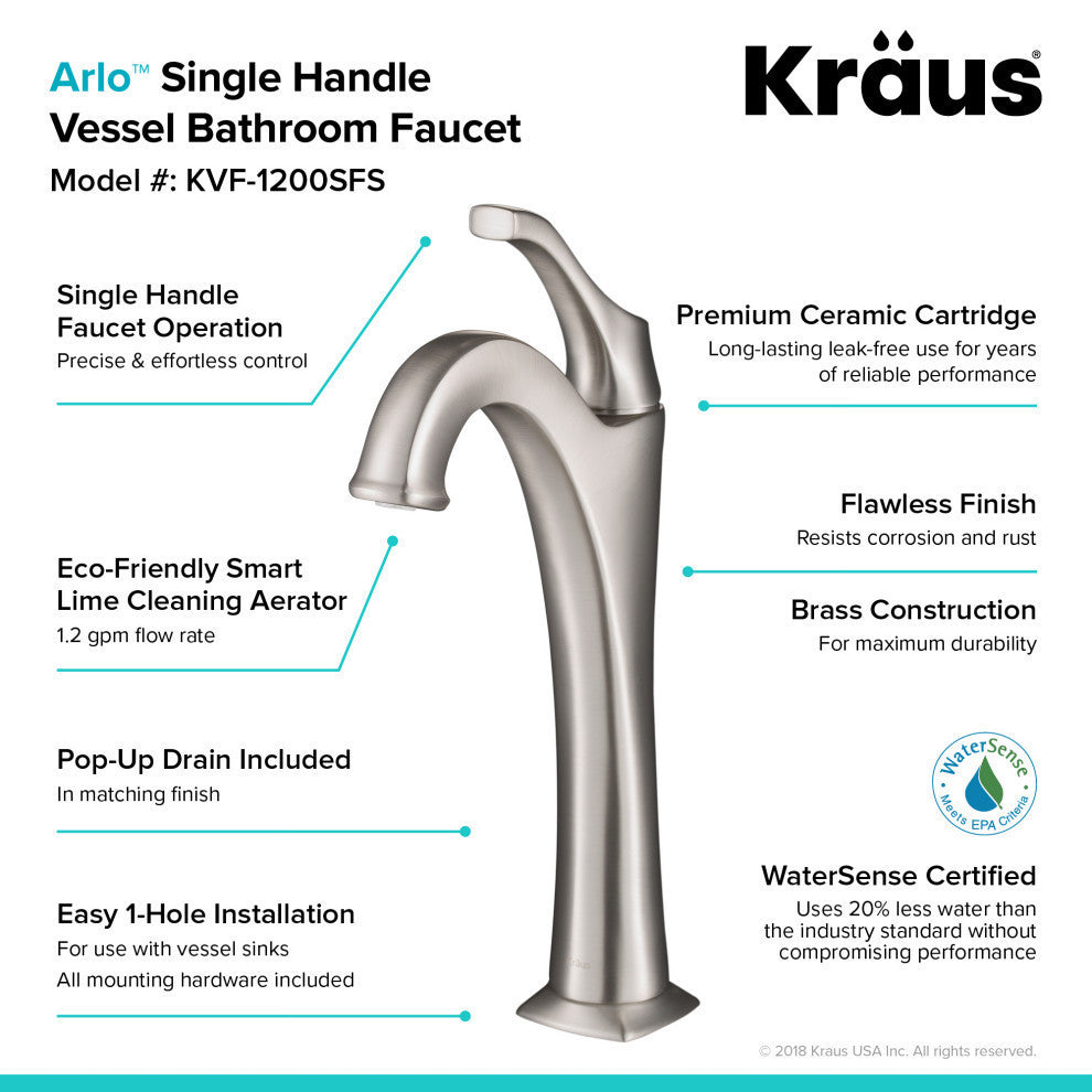 Elavo Rectangle Ceramic Vessel Sink, Bathroom Arlo Faucet, Drain, SFS Stainless