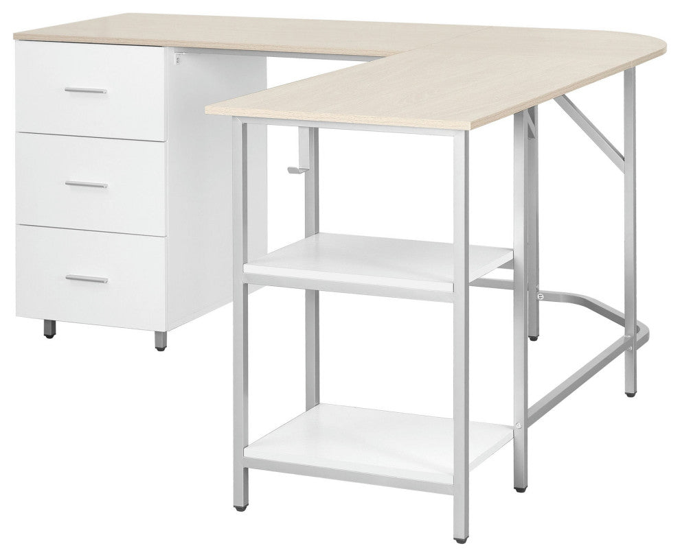 Techni Mobili L-Shape Home Office Two-Tone Desk with Storage, Sand