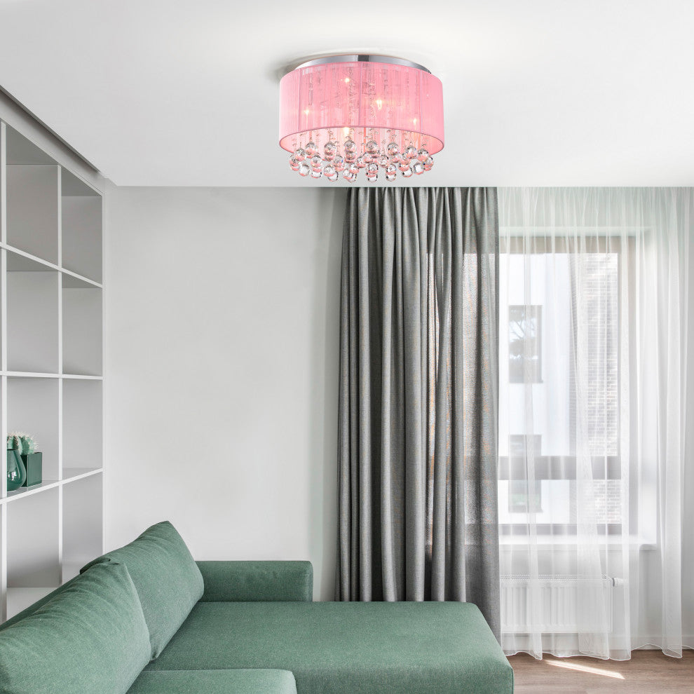 Matar 4 Light Drum Flush Mount With Pink Fabric Shade for Kids Room