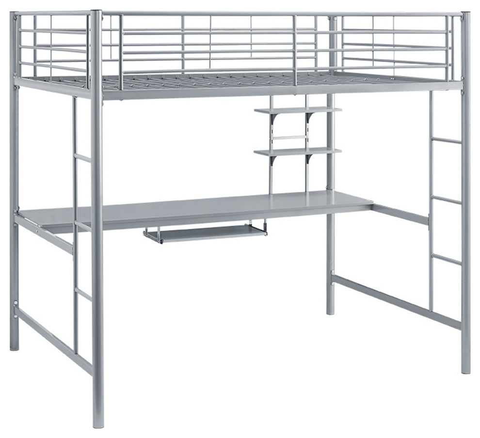 Premium Metal Full Size Loft Bed with Wood Workstation - Silver