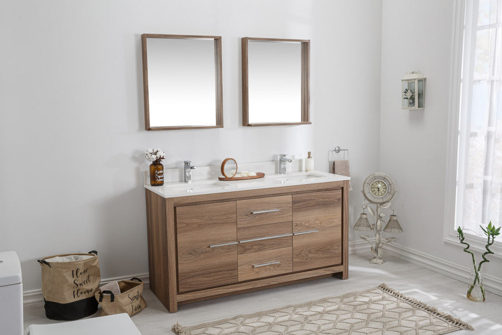 Mila Collection 60" Bathroom Vanity With Sink, Mirror, Countertop, Walnut Brown