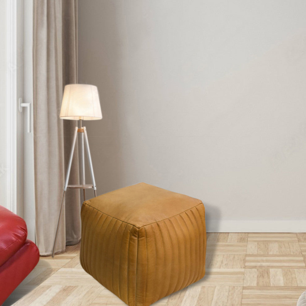 Poufs-Solid Handmade Goat Leather Pouf, Recycled Cotton Fill, Beige, Square 16x16x16