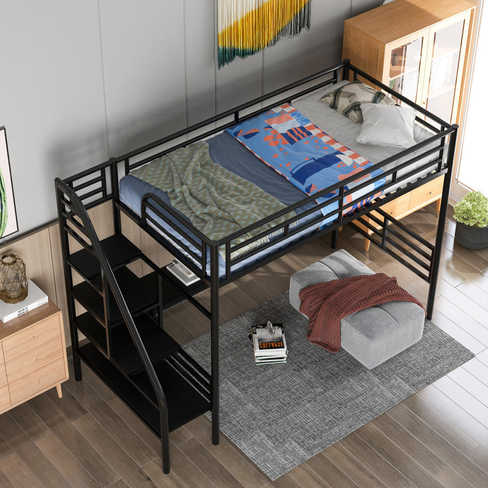Gewnee Metal Loft Bed Frame with Desk, No Box Spring Needed,Twin,In Black