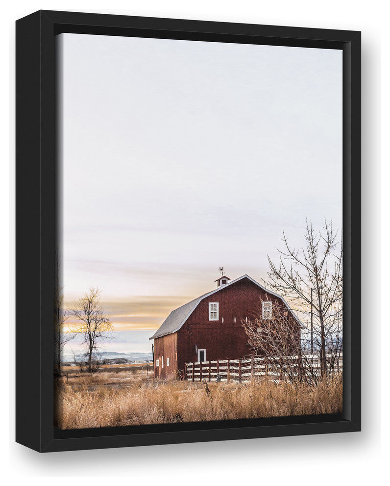 Rustic Barn Sunrise 12x18 Black Floating Framed Canvas