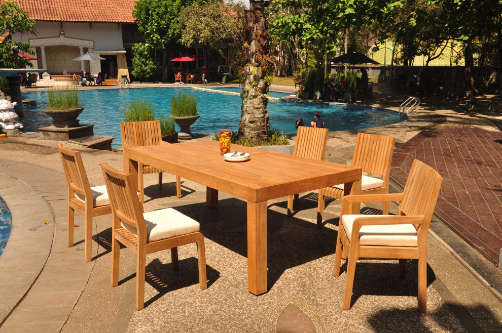 7-Piece Outdoor Teak Patio Dining Set: 86" Rectangle Table, 6 Maldives Chairs
