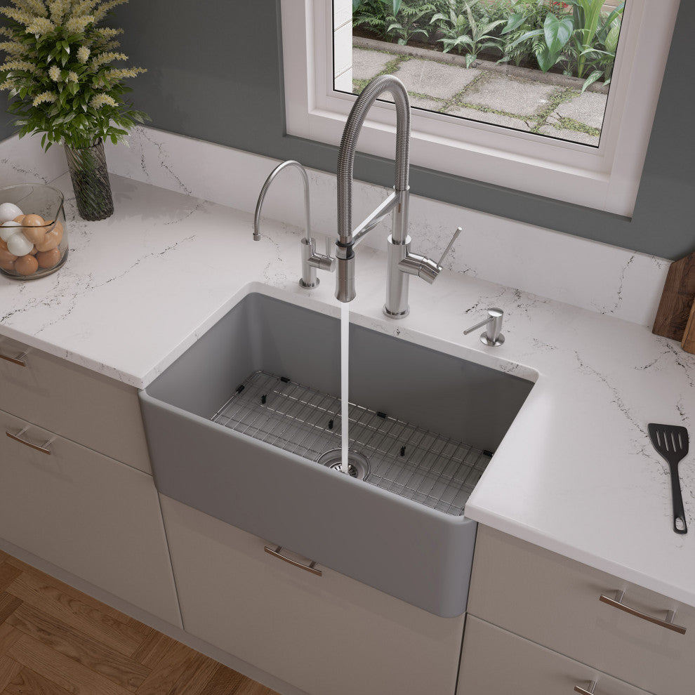 Smooth Apron Fireclay Farm Sink, Gray Matte, 30"x18", Single Bowl