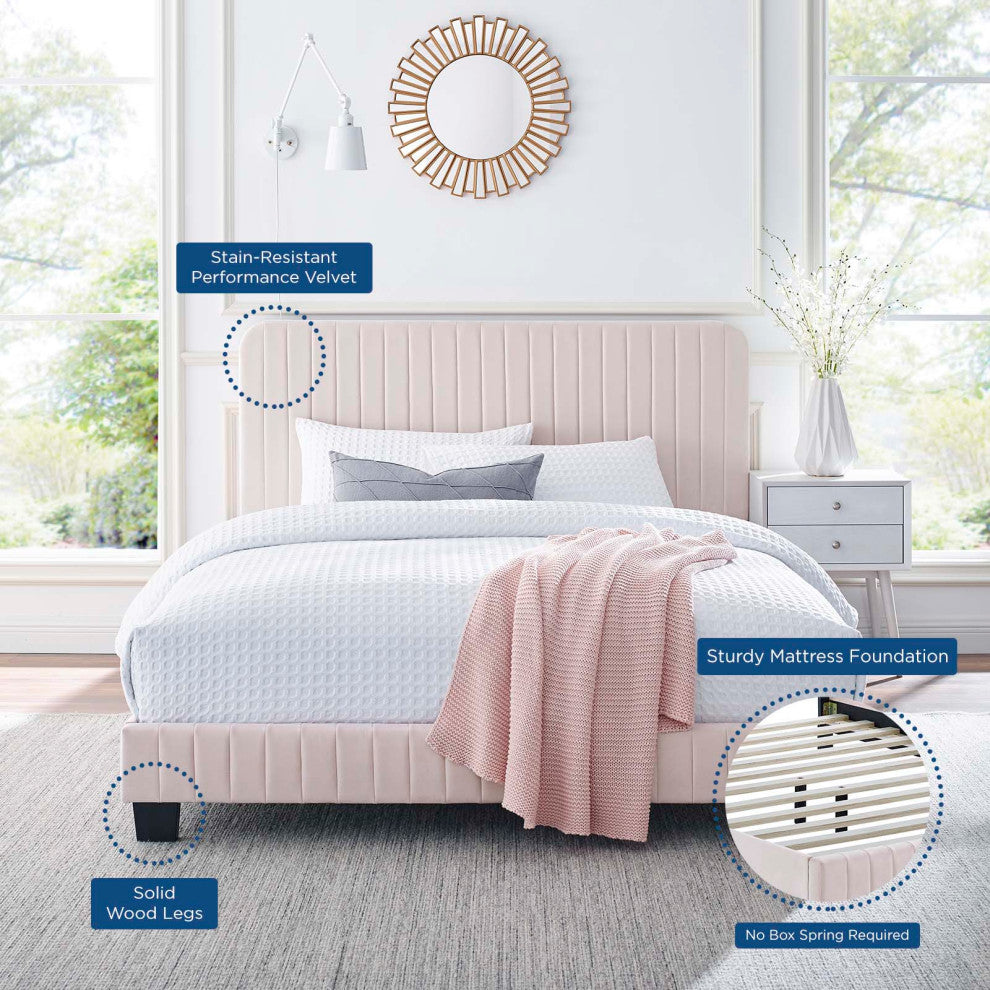 Tufted Platform Bed Frame, Full Size, Velvet, Pink, Modern Contemporary, Bedroom