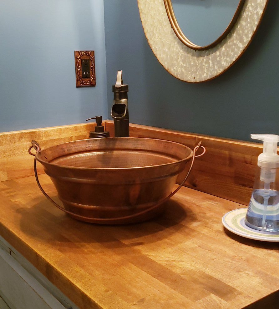 15" Round Copper Vessel Bucket Bath Sink in Natural Patina